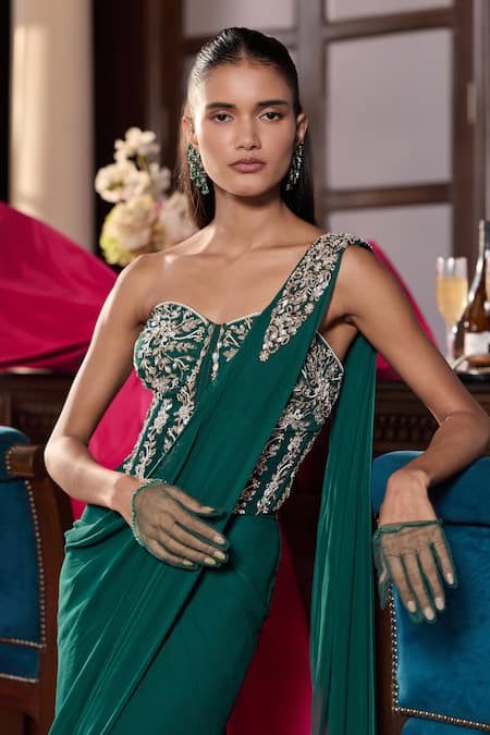 Buy_Seema Thukral_Emerald Green Georgette, Bhumika Embellished Corset With Pre-stitched Saree _Online_at_Aza_Fashions