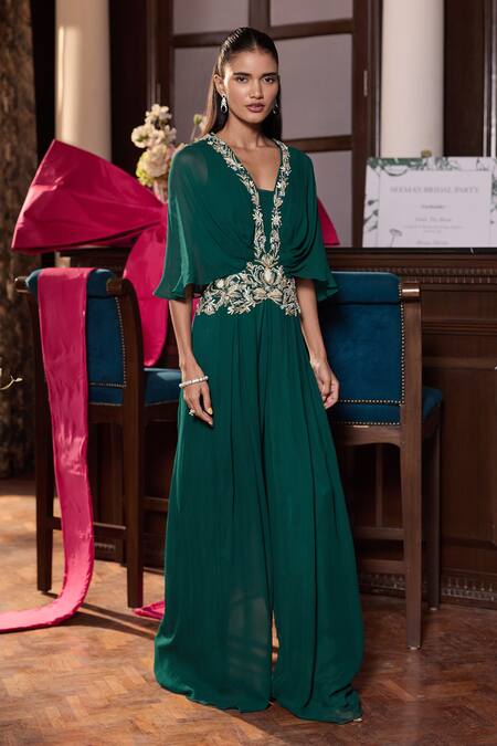 Seema Thukral_Emerald Green Georgette, Satin Embroidery, Sunaina Embellished Pleated Jumpsuit _Online_at_Aza_Fashions