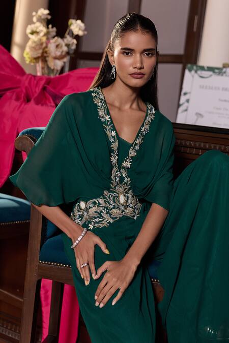 Buy_Seema Thukral_Emerald Green Georgette, Satin Embroidery, Sunaina Embellished Pleated Jumpsuit _Online_at_Aza_Fashions