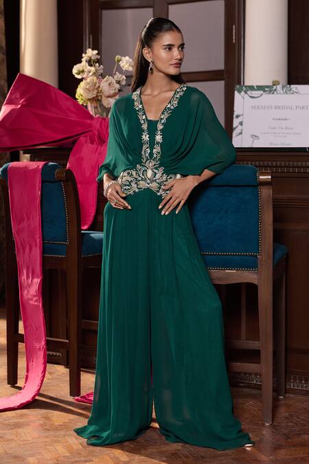 Shop_Seema Thukral_Emerald Green Georgette, Satin Embroidery, Sunaina Embellished Pleated Jumpsuit _Online_at_Aza_Fashions