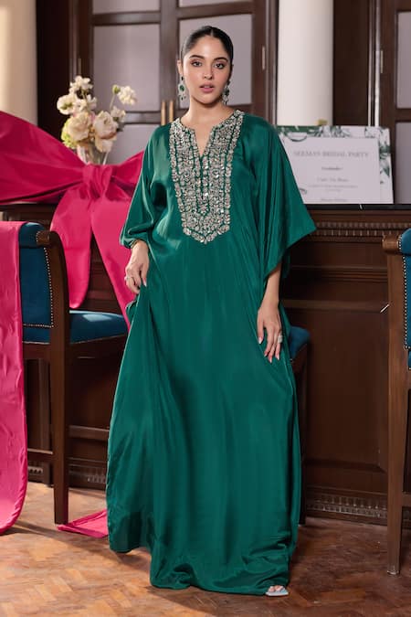 Seema Thukral_Emerald Green Silk, Satin Sequins, Stones, Embroidery Gunjan Embellished Kaftan _Online_at_Aza_Fashions