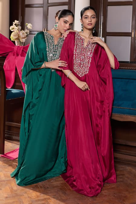Shop_Seema Thukral_Emerald Green Silk, Satin Sequins, Stones, Embroidery Gunjan Embellished Kaftan _Online_at_Aza_Fashions