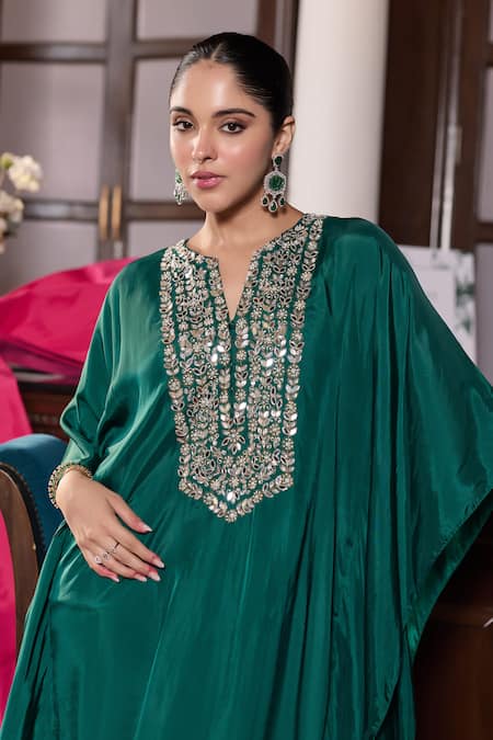 Seema Thukral_Emerald Green Silk, Satin Sequins, Stones, Embroidery Gunjan Embellished Kaftan _at_Aza_Fashions