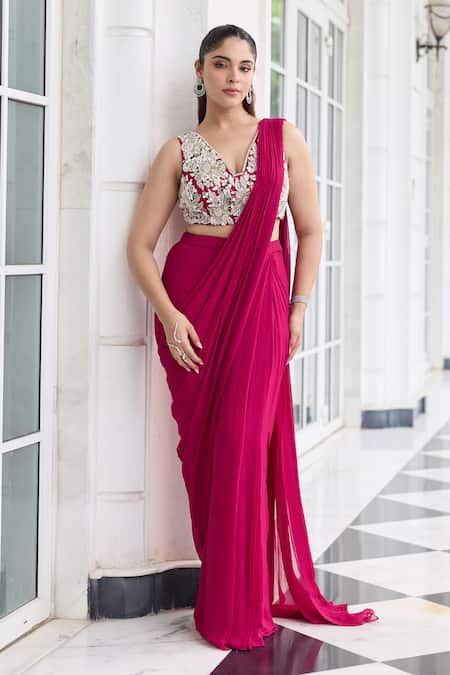 Shop_Seema Thukral_Pink Georgette, Satin, Anmol Embellished Pre-draped Saree Set With Jacket _Online_at_Aza_Fashions