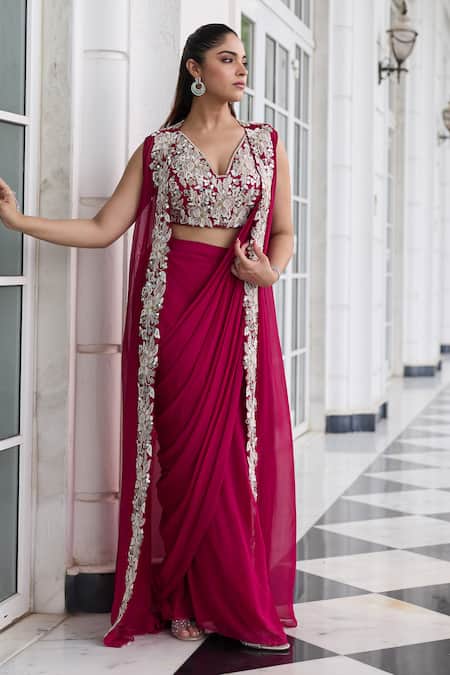Seema Thukral_Pink Georgette, Satin, Anmol Embellished Pre-draped Saree Set With Jacket _at_Aza_Fashions
