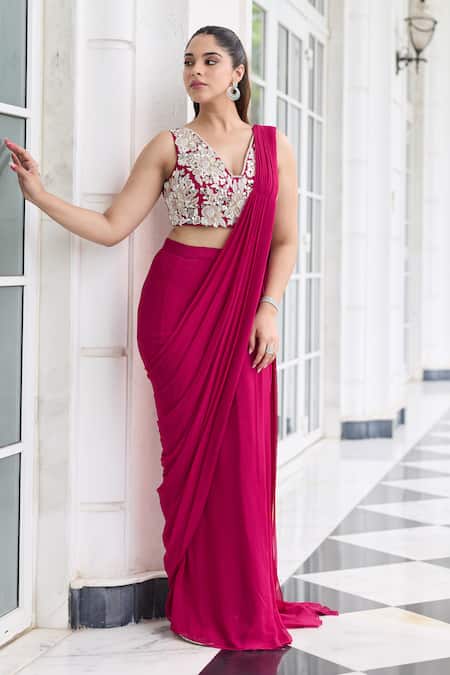 Buy_Seema Thukral_Pink Georgette, Satin, Anmol Embellished Pre-draped Saree Set With Jacket 