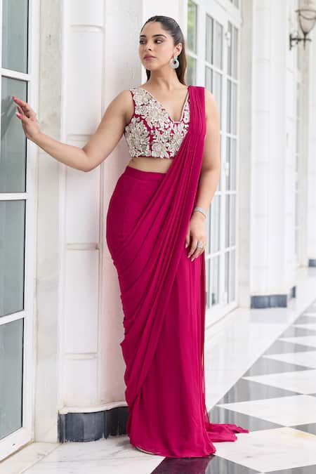 Seema Thukral Pink Georgette, Satin Sequins, Shreeya Embellished Blouse With Pre-draped Saree