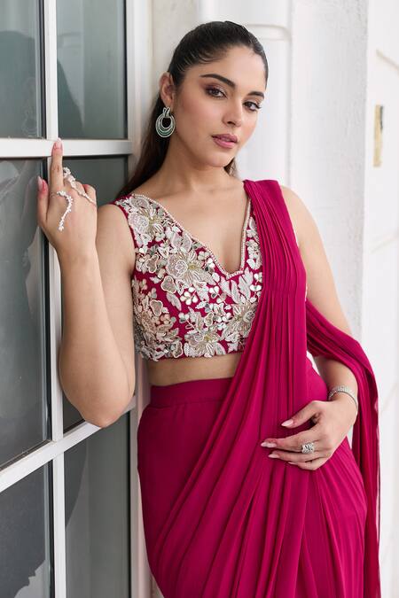Seema Thukral Pink Georgette, Satin Sequins, Shreeya Embellished Blouse With Pre-draped Saree Online at Aza Fashions Seema Thukral_Pink Georgette, Satin Sequins, Shreeya Embellished Blouse With Pre-draped Saree _Online_at_Aza_Fashions