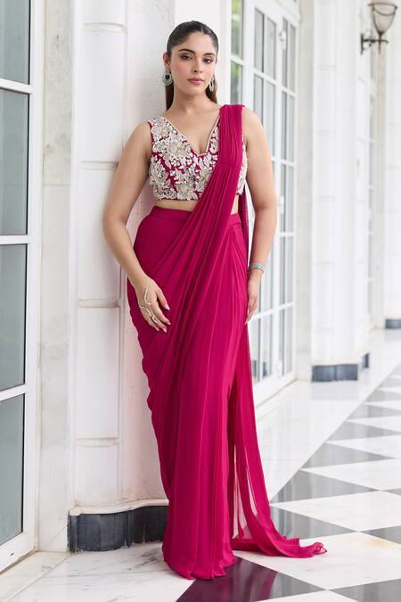 Buy Seema Thukral Pink Georgette, Satin Sequins, Shreeya Embellished Blouse With Pre-draped Saree Online at Aza Fashions Buy_Seema Thukral_Pink Georgette, Satin Sequins, Shreeya Embellished Blouse With Pre-draped Saree _Online_at_Aza_Fashions