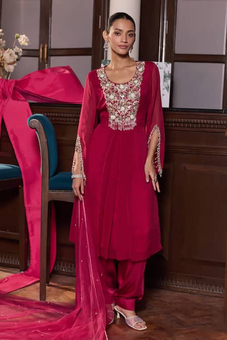 Seema Thukral Pink Organza, Satin, Net Embroidery, Beads, Gurbani Embellished Kurta Set