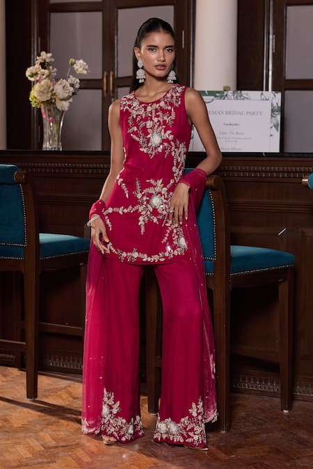 Seema Thukral Pink Georgette, Organza Sequins, Anchal Embellished Sleeveless Kurta Pant Set