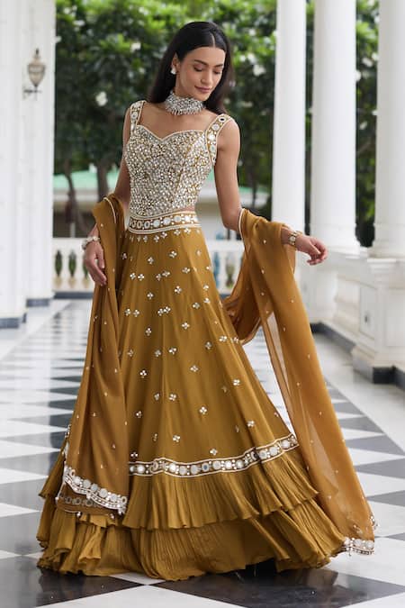 Shop_Seema Thukral_Gold Georgette, Satin, Organza Mirrors, Nidhi Embellished Blouse Lehenga Set _Online_at_Aza_Fashions