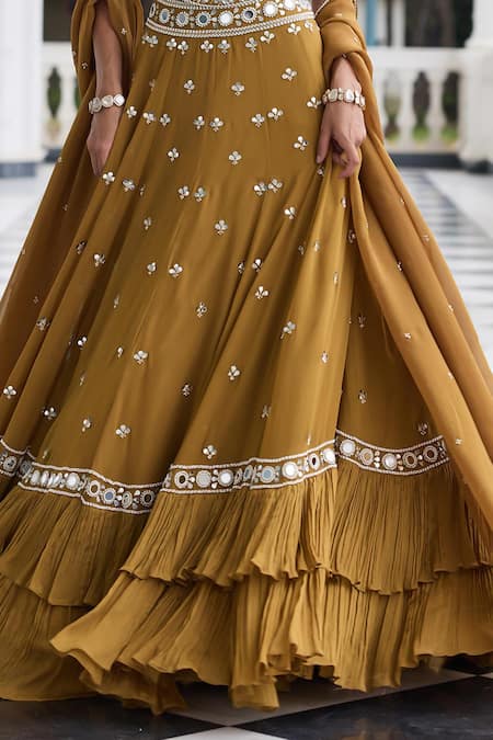 Seema Thukral_Gold Georgette, Satin, Organza Mirrors, Nidhi Embellished Blouse Lehenga Set _at_Aza_Fashions