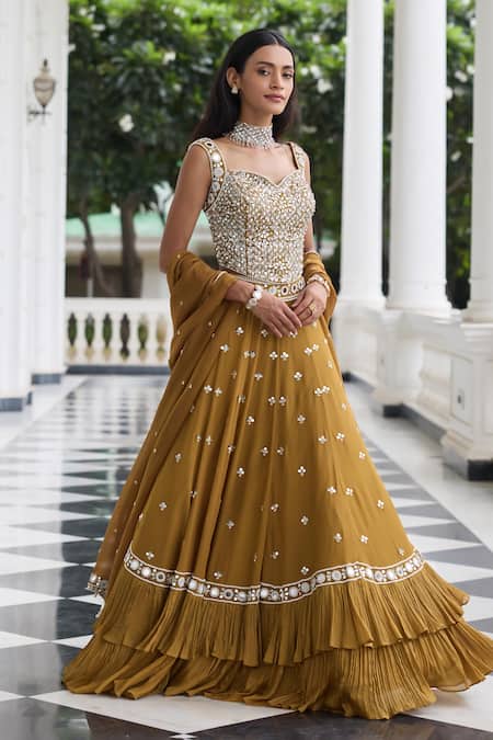 Buy_Seema Thukral_Gold Georgette, Satin, Organza Mirrors, Nidhi Embellished Blouse Lehenga Set 