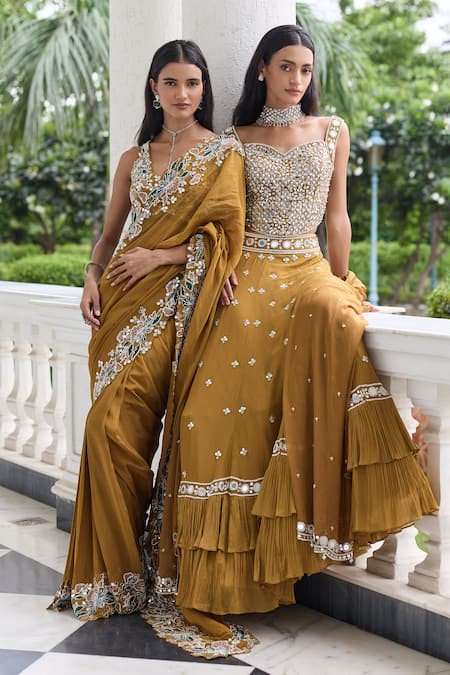 Shop_Seema Thukral_Gold Georgette, Organza, Niharika Embellished Blouse With Pre-stitched Saree _Online_at_Aza_Fashions