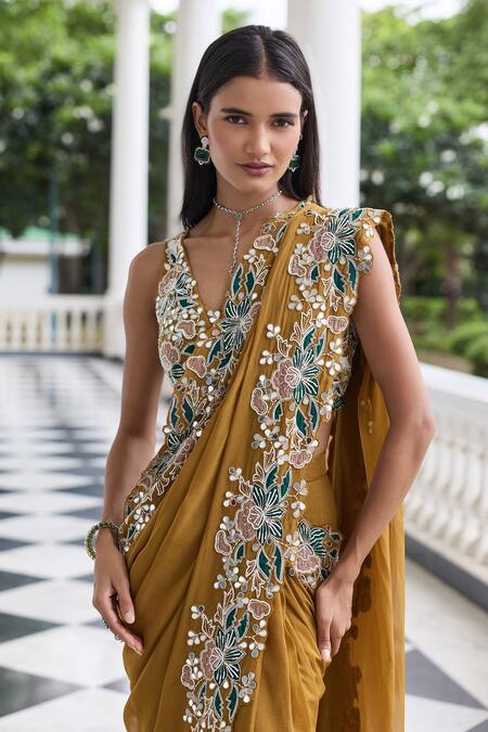 Seema Thukral_Gold Georgette, Organza, Niharika Embellished Blouse With Pre-stitched Saree _at_Aza_Fashions