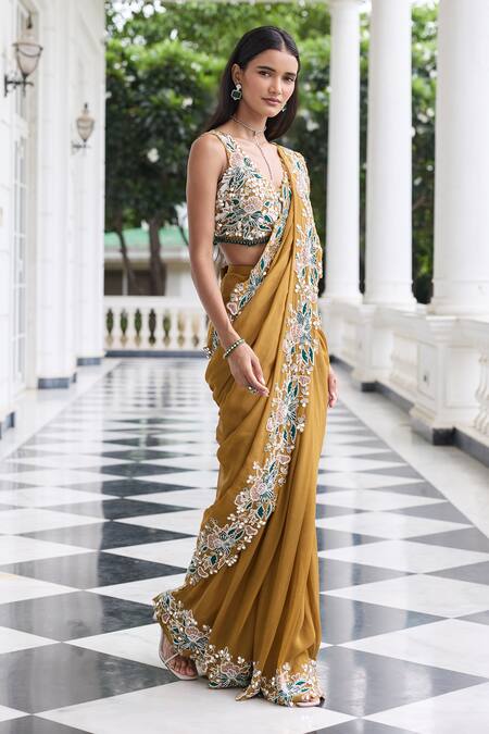 Buy_Seema Thukral_Gold Georgette, Organza, Niharika Embellished Blouse With Pre-stitched Saree 