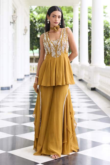 Seema Thukral Gold Organza, Satin Embroidery, Supriya Embellished Peplum Top And Gharara Set