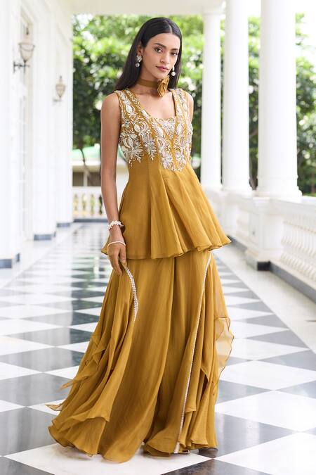 Buy Seema Thukral Gold Organza, Satin Embroidery, Supriya Embellished Peplum Top And Gharara Set Online at Aza Fashions Buy_Seema Thukral_Gold Organza, Satin Embroidery, Supriya Embellished Peplum Top And Gharara Set _Online_at_Aza_Fashions