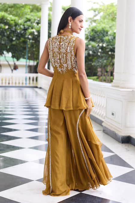 Seema Thukral Gold Organza, Satin Embroidery, Supriya Embellished Peplum Top And Gharara Set Online at Aza Fashions Seema Thukral_Gold Organza, Satin Embroidery, Supriya Embellished Peplum Top And Gharara Set _Online_at_Aza_Fashions