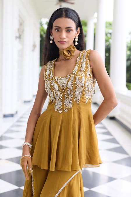 Shop Seema Thukral Gold Organza, Satin Embroidery, Supriya Embellished Peplum Top And Gharara Set Online at Aza Fashions Shop_Seema Thukral_Gold Organza, Satin Embroidery, Supriya Embellished Peplum Top And Gharara Set _Online_at_Aza_Fashions
