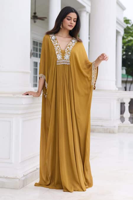 Seema Thukral_Gold Chiffon Beads, Sequins, Metallic Thread Shipra Embellished Draped Kaftan _Online_at_Aza_Fashions