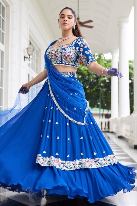 Seema Thukral Blue Georgette, Satin, Net Embroidery, Heena Embellished Blouse Lehenga Set Online at Aza Fashions Seema Thukral_Blue Georgette, Satin, Net Embroidery, Heena Embellished Blouse Lehenga Set _Online_at_Aza_Fashions