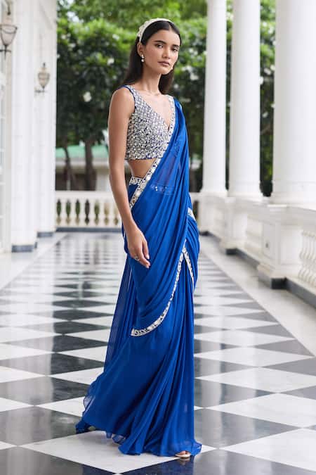 Buy_Seema Thukral_Blue Georgette, Organza, Alaya Embellished Pre-draped Saree Set With Jacket _Online_at_Aza_Fashions
