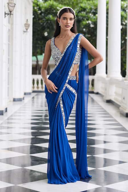 Shop_Seema Thukral_Blue Georgette, Organza, Alaya Embellished Pre-draped Saree Set With Jacket _Online_at_Aza_Fashions