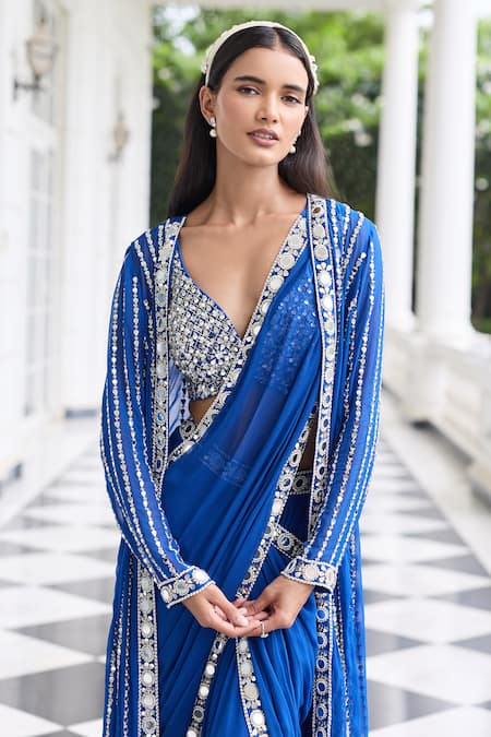 Buy_Seema Thukral_Blue Georgette, Organza, Alaya Embellished Pre-draped Saree Set With Jacket 