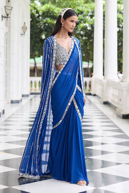 Shop_Seema Thukral_Blue Georgette, Organza, Alaya Embellished Pre-draped Saree Set With Jacket 