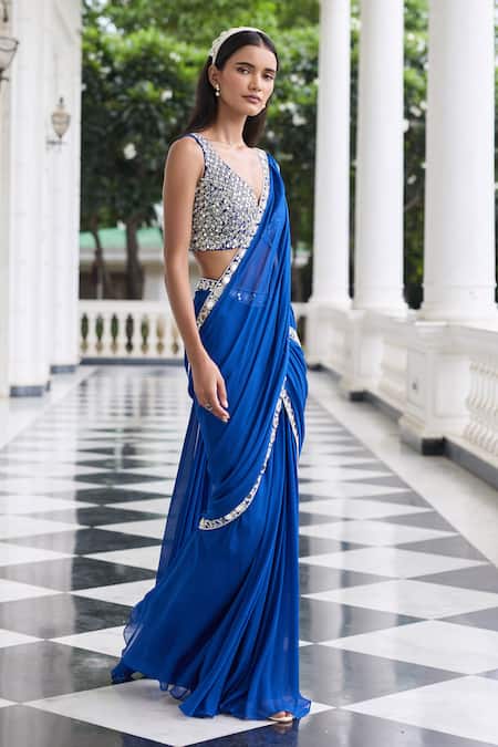 Seema Thukral_Blue Georgette, Satin Mirrors, Parul Embellished Blouse With Pre-draped Saree _Online_at_Aza_Fashions
