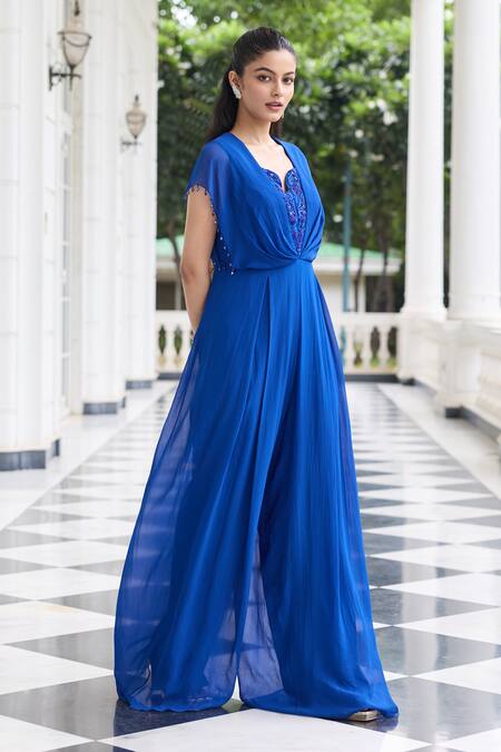 Seema Thukral_Blue Georgette, Satin Beads, Embroidery Khushi Embellished Pleated Jumpsuit _Online_at_Aza_Fashions