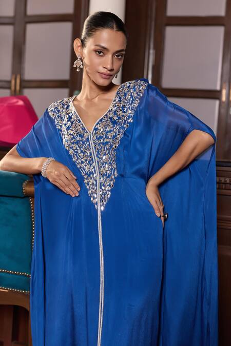 Seema Thukral Blue Chiffon, Satin Sequins, Embroidery V-neck Kinaya Embellished Draped Kaftan Online at Aza Fashions Seema Thukral_Blue Chiffon, Satin Sequins, Embroidery V-neck Kinaya Embellished Draped Kaftan _Online_at_Aza_Fashions