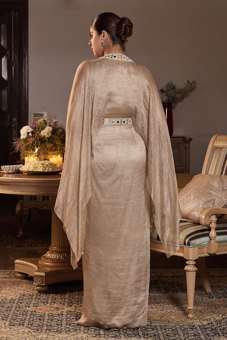 Shop Seema Thukral Gold Tissue, Satin Mirrors V-neck Anaika Embellished Draped Dress at Aza Fashions Shop_Seema Thukral_Gold Tissue, Satin Mirrors V-neck Anaika Embellished Draped Dress _at_Aza_Fashions