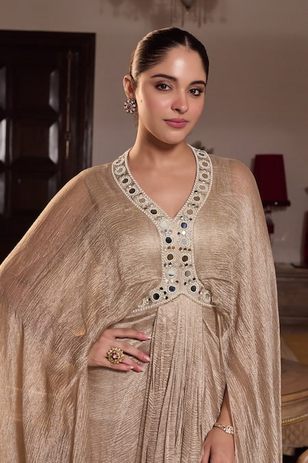 Seema Thukral Gold Tissue, Satin Mirrors V-neck Anaika Embellished Draped Dress Online at Aza Fashions Seema Thukral_Gold Tissue, Satin Mirrors V-neck Anaika Embellished Draped Dress _Online_at_Aza_Fashions