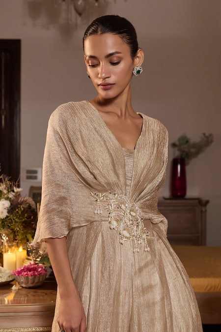 Seema Thukral_Gold Tissue, Satin Beads, Tassels V-neck Armira Embellished Pleated Jumpsuit _Online_at_Aza_Fashions