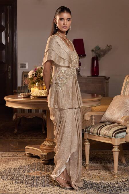 Buy Seema Thukral Gold Tissue, Satin Embroidery, Kangana Embellished Peplum Top With Draped Skirt Online at Aza Fashions Buy_Seema Thukral_Gold Tissue, Satin Embroidery, Kangana Embellished Peplum Top With Draped Skirt _Online_at_Aza_Fashions