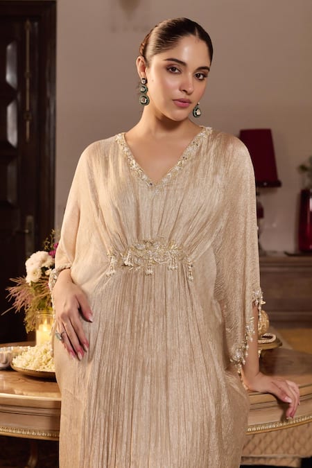 Seema Thukral_Gold Tissue, Satin Beads, Tassels V-neck Kriti Embellished Draped Kaftan _Online_at_Aza_Fashions
