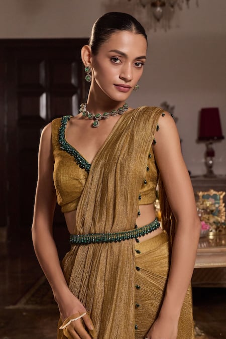 Seema Thukral Gold Tissue, Satin Beads, Shivani Embellished Blouse With Pre-stitched Saree Online at Aza Fashions Seema Thukral_Gold Tissue, Satin Beads, Shivani Embellished Blouse With Pre-stitched Saree _Online_at_Aza_Fashions
