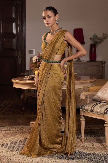 Buy Seema Thukral Gold Tissue, Satin Beads, Shivani Embellished Blouse With Pre-stitched Saree Online at Aza Fashions Buy_Seema Thukral_Gold Tissue, Satin Beads, Shivani Embellished Blouse With Pre-stitched Saree _Online_at_Aza_Fashions