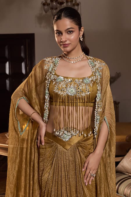 Seema Thukral_Gold Tissue, Satin Embroidery, Sequins, Stones, Navya Embellished Cape Skirt Set _Online_at_Aza_Fashions