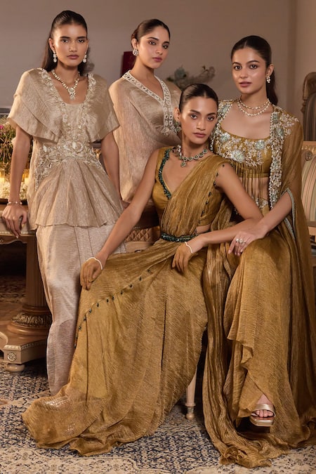 Buy_Seema Thukral_Gold Tissue, Satin Embroidery, Sequins, Stones, Navya Embellished Cape Skirt Set _Online_at_Aza_Fashions