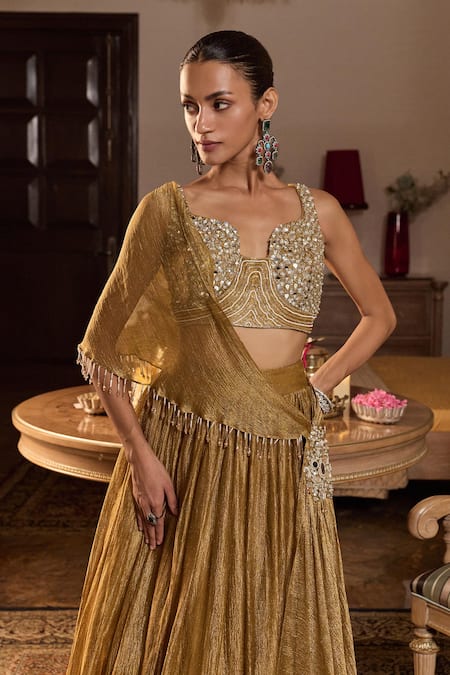 Seema Thukral Gold Tissue, Satin Mirrors, Beads, Indira Embellished Blouse Lehenga Set Online at Aza Fashions Seema Thukral_Gold Tissue, Satin Mirrors, Beads, Indira Embellished Blouse Lehenga Set _Online_at_Aza_Fashions