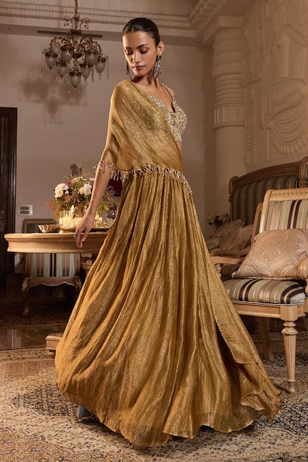 Seema Thukral Gold Tissue, Satin Mirrors, Beads, Indira Embellished Blouse Lehenga Set at Aza Fashions Seema Thukral_Gold Tissue, Satin Mirrors, Beads, Indira Embellished Blouse Lehenga Set _at_Aza_Fashions