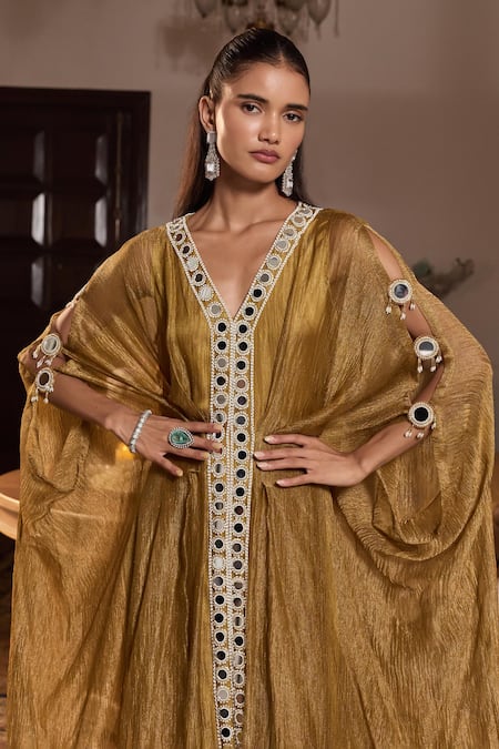 Buy_Seema Thukral_Gold Tissue, Satin Mirrors, Beads V-neck Heer Embellished Draped Kaftan _Online_at_Aza_Fashions