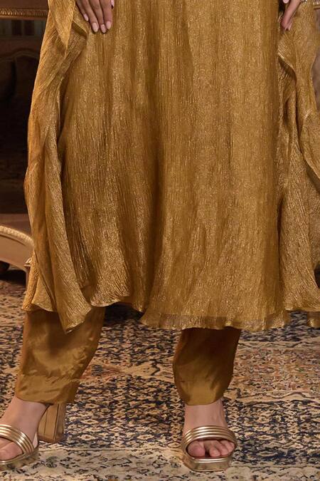 Seema Thukral_Gold Tissue, Silk, Satin Beads, Stones, Amrita Embellished Kaftan And Pant Set _Online_at_Aza_Fashions