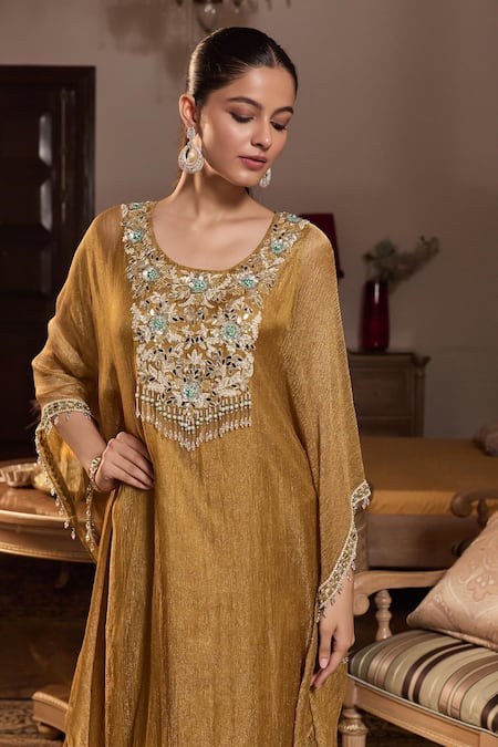 Buy_Seema Thukral_Gold Tissue, Silk, Satin Beads, Stones, Amrita Embellished Kaftan And Pant Set _Online_at_Aza_Fashions