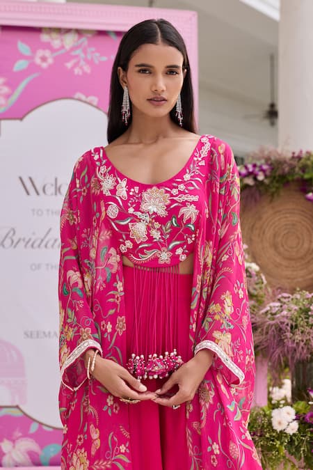 Seema Thukral Fuchsia Organza, Georgette, Satin Embroidery, Saanvi Printed Blouse With Sharara at Aza Fashions Seema Thukral_Fuchsia Organza, Georgette, Satin Embroidery, Saanvi Printed Blouse With Sharara _at_Aza_Fashions
