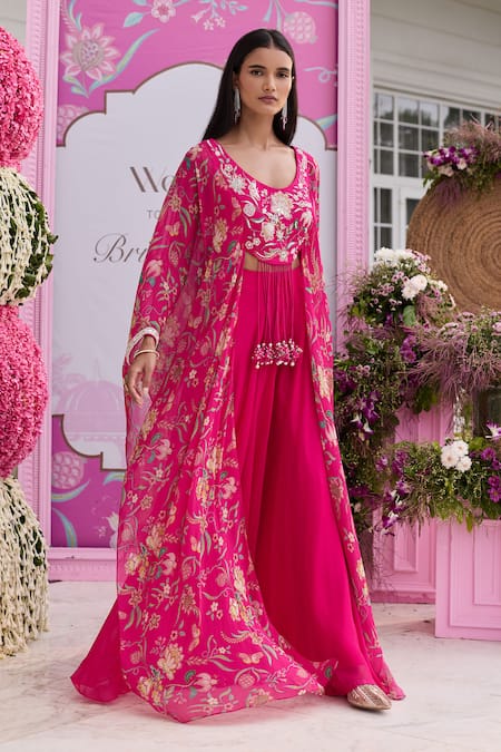 Buy Seema Thukral Fuchsia Organza, Georgette, Satin Embroidery, Saanvi Printed Blouse With Sharara Buy_Seema Thukral_Fuchsia Organza, Georgette, Satin Embroidery, Saanvi Printed Blouse With Sharara